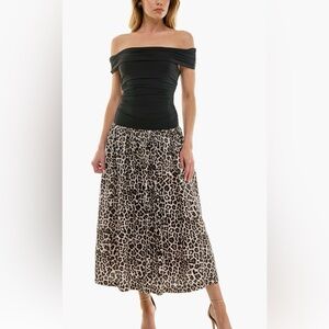 Off-The-Shoulder Midi Dress Black and Leopard Print